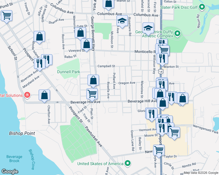 map of restaurants, bars, coffee shops, grocery stores, and more near 19 Poirier Street in Pawtucket
