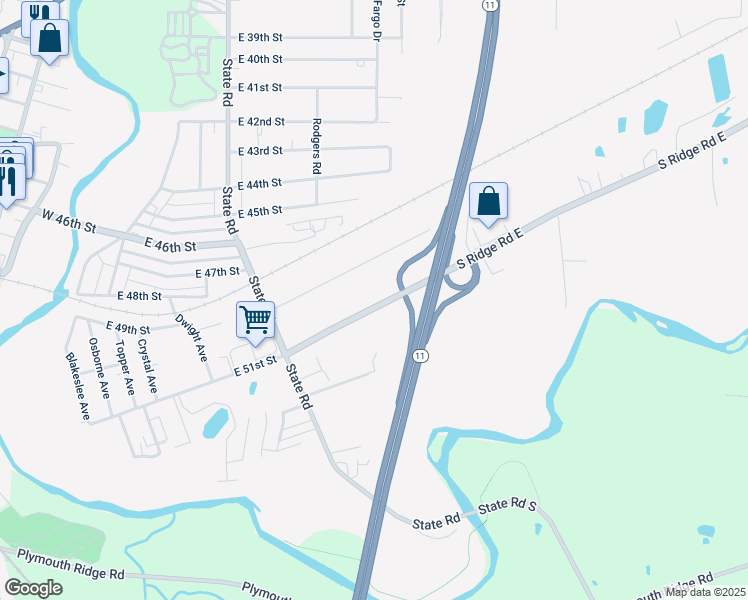 map of restaurants, bars, coffee shops, grocery stores, and more near 2137 South Ridge Road East in Ashtabula