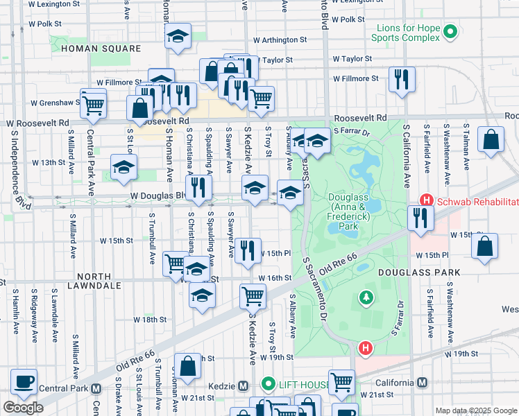 map of restaurants, bars, coffee shops, grocery stores, and more near 3147 West Douglas Boulevard in Chicago