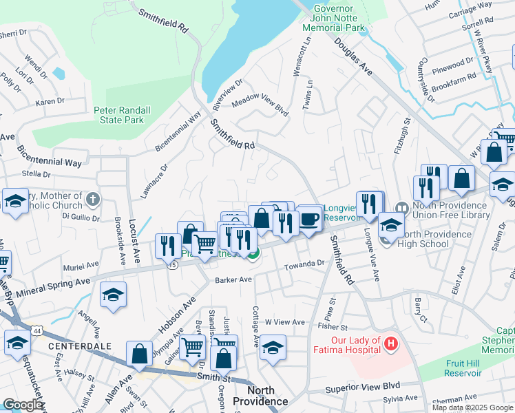map of restaurants, bars, coffee shops, grocery stores, and more near 200 Woodlawn Avenue in North Providence