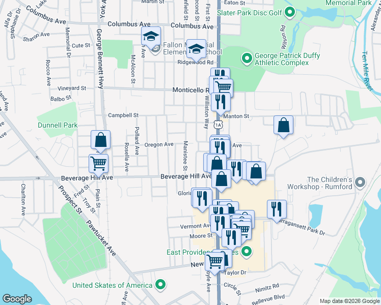 map of restaurants, bars, coffee shops, grocery stores, and more near 363 Woodhaven Road in Pawtucket