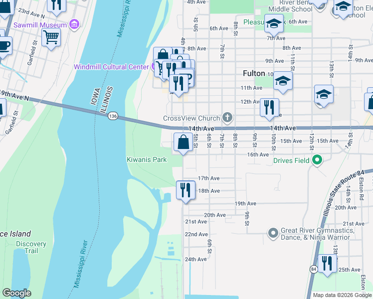 map of restaurants, bars, coffee shops, grocery stores, and more near 412 16th Avenue in Fulton