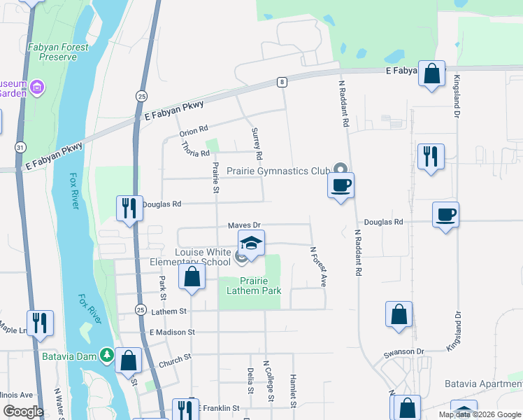 map of restaurants, bars, coffee shops, grocery stores, and more near 583 Maves Drive in Batavia