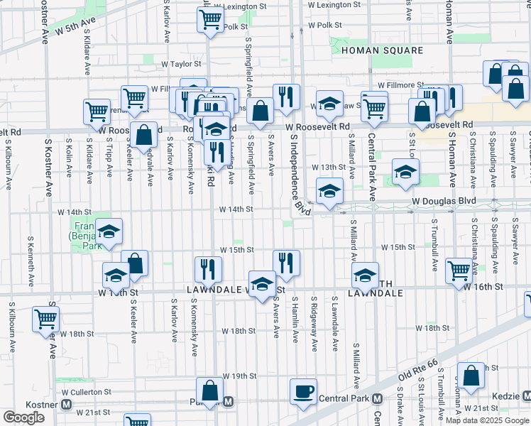 map of restaurants, bars, coffee shops, grocery stores, and more near 1414 South Avers Avenue in Chicago