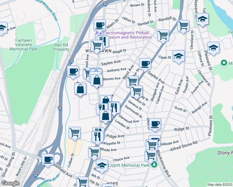 map of restaurants, bars, coffee shops, grocery stores, and more near 510 West Avenue in Pawtucket