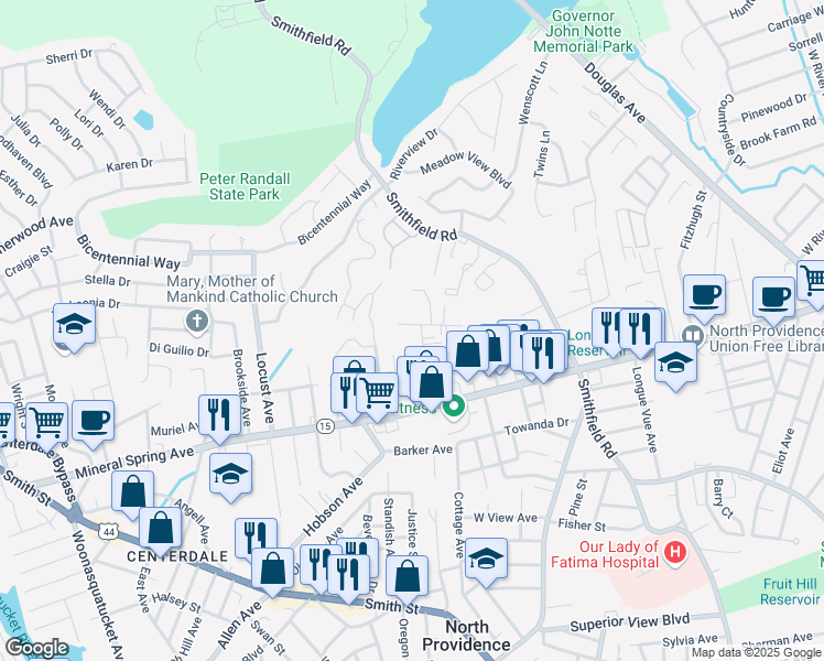 map of restaurants, bars, coffee shops, grocery stores, and more near 20 McGuire Road in North Providence
