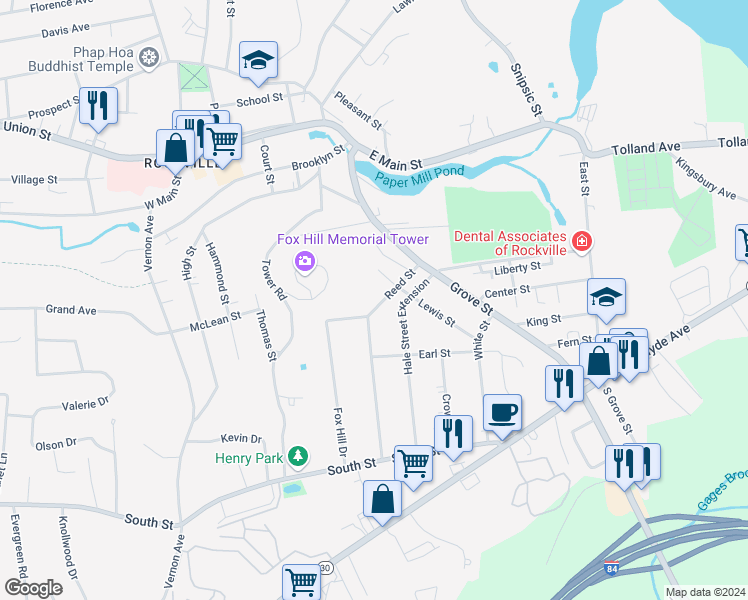 map of restaurants, bars, coffee shops, grocery stores, and more near 17 Reed Street in Vernon