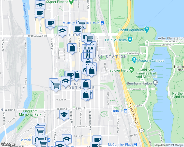 map of restaurants, bars, coffee shops, grocery stores, and more near 1470 Michigan Avenue in Chicago