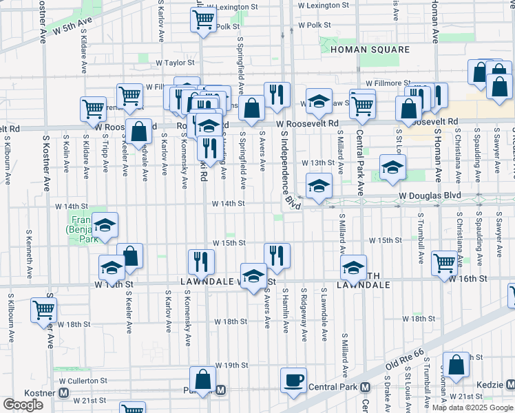 map of restaurants, bars, coffee shops, grocery stores, and more near 1414 South Avers Avenue in Chicago