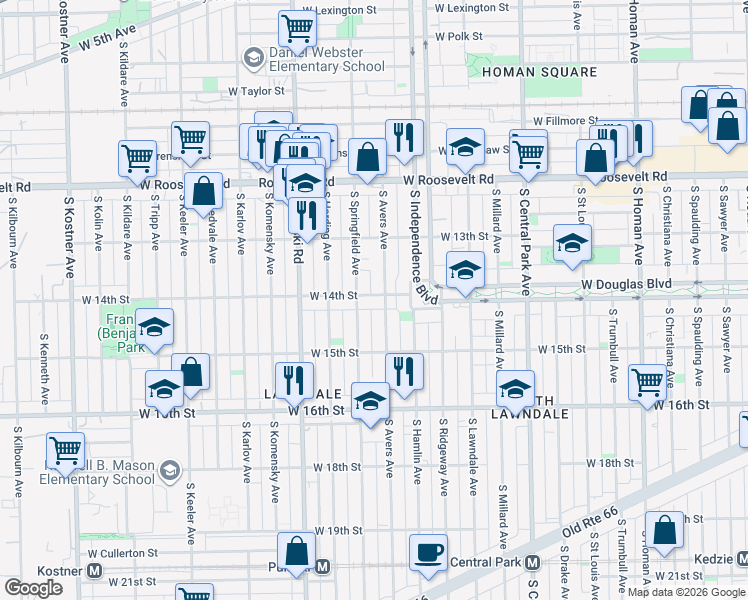 map of restaurants, bars, coffee shops, grocery stores, and more near 1414 South Avers Avenue in Chicago