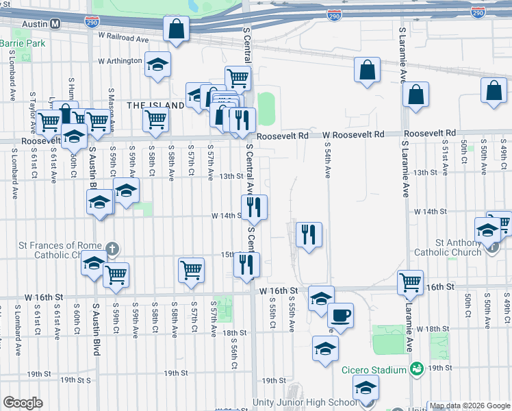 map of restaurants, bars, coffee shops, grocery stores, and more near 1342 South 55th Court in Cicero