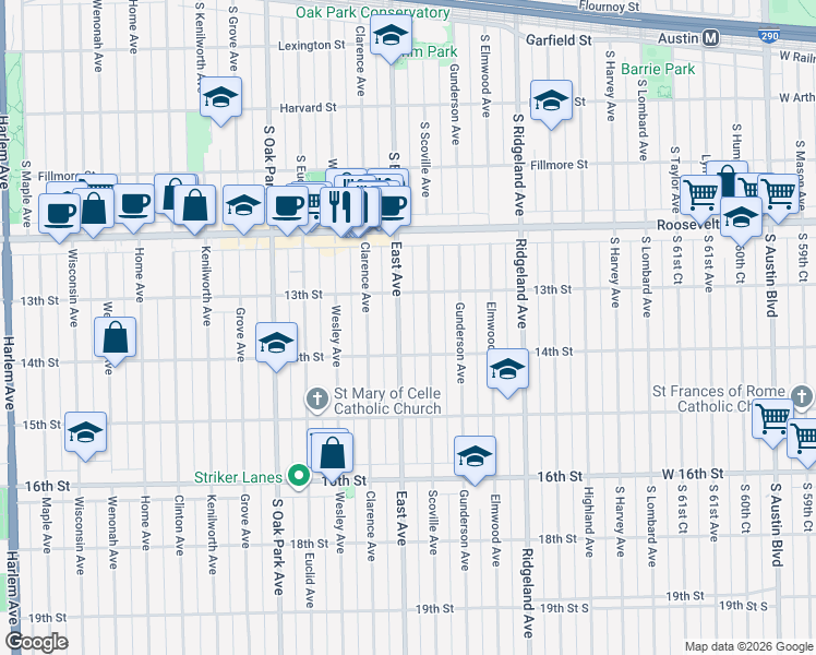 map of restaurants, bars, coffee shops, grocery stores, and more near 1336 East Avenue in Berwyn