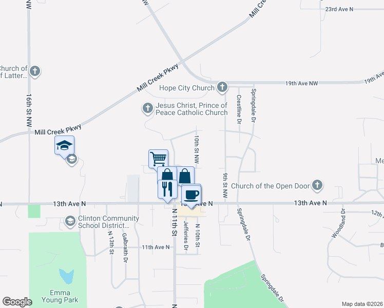 map of restaurants, bars, coffee shops, grocery stores, and more near 1000 14th Avenue Northwest in Clinton