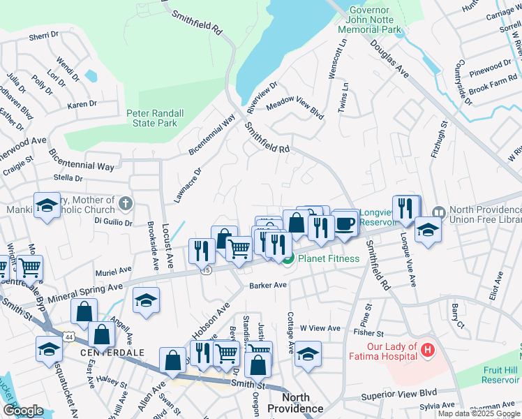 map of restaurants, bars, coffee shops, grocery stores, and more near 200 Woodlawn Avenue in North Providence