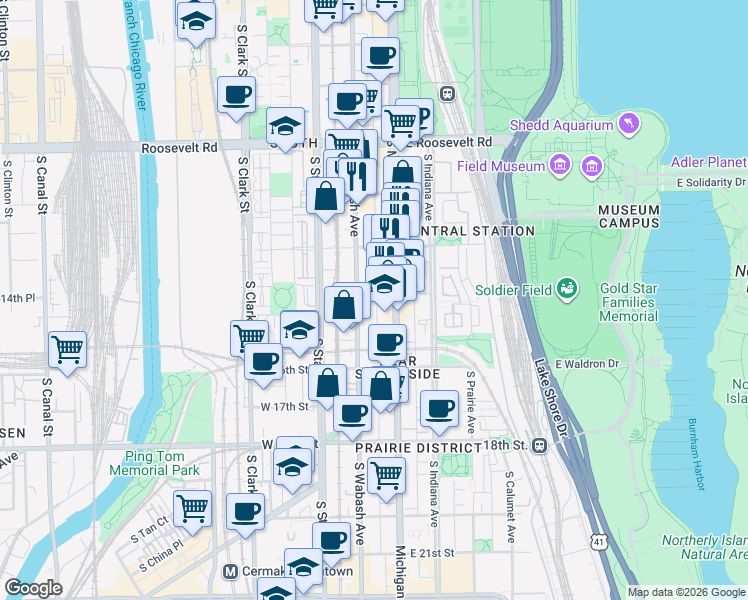 map of restaurants, bars, coffee shops, grocery stores, and more near 1460 South Michigan Avenue in Chicago