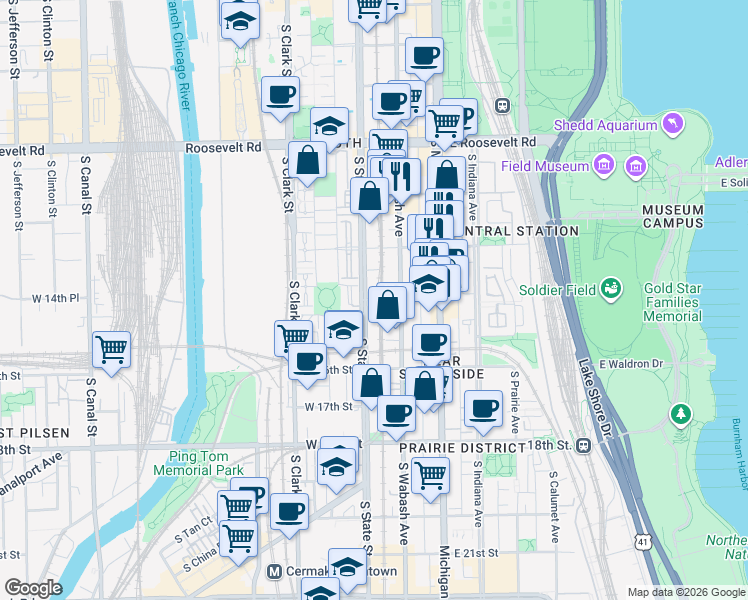 map of restaurants, bars, coffee shops, grocery stores, and more near 1463 South State Street in Chicago