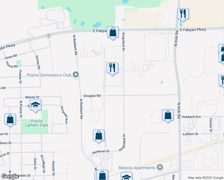 map of restaurants, bars, coffee shops, grocery stores, and more near 1047 Douglas Road in Batavia
