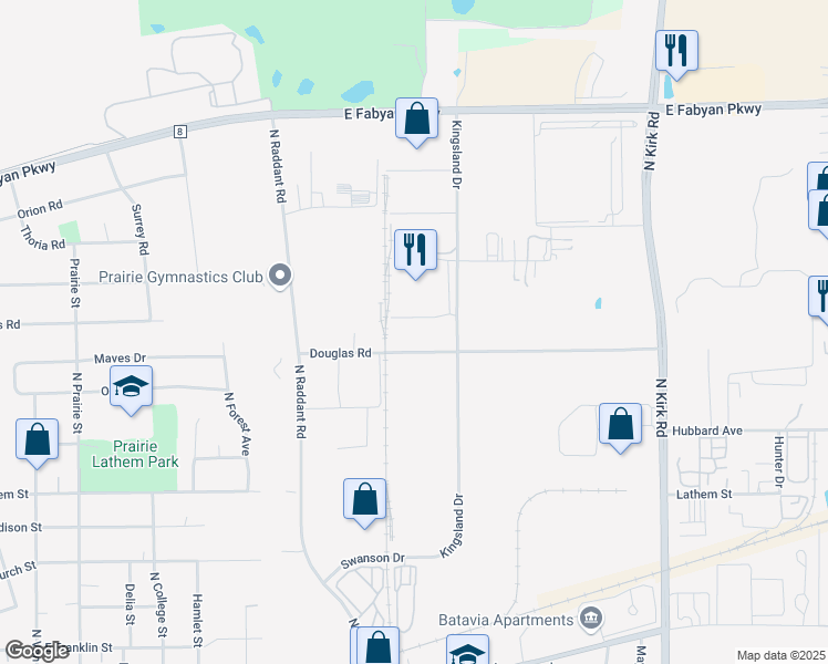 map of restaurants, bars, coffee shops, grocery stores, and more near 1047 Douglas Road in Batavia