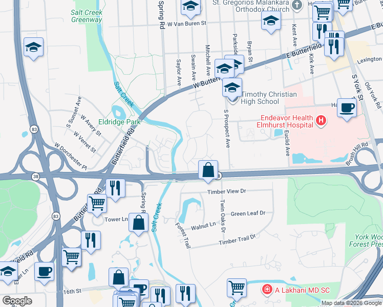 map of restaurants, bars, coffee shops, grocery stores, and more near 7 Oak Tree Court in Elmhurst