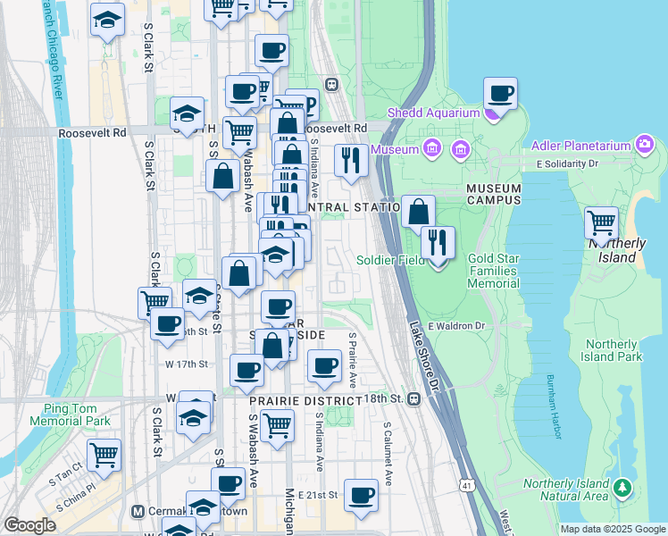 map of restaurants, bars, coffee shops, grocery stores, and more near 1512 South Prairie Avenue in Chicago