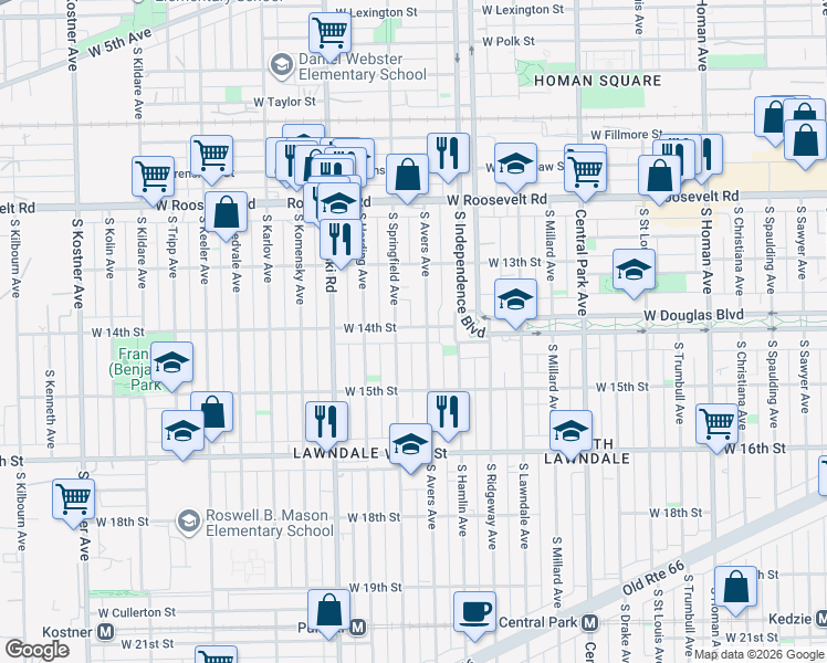 map of restaurants, bars, coffee shops, grocery stores, and more near 1414 South Avers Avenue in Chicago