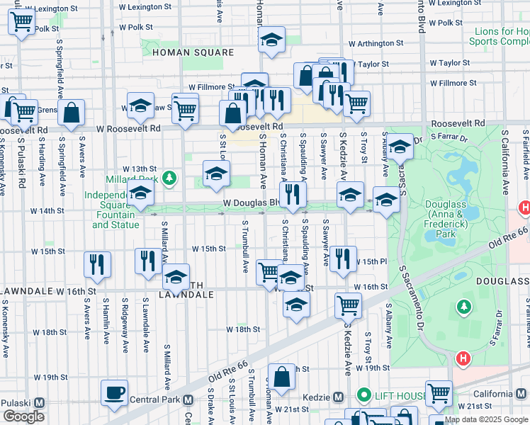 map of restaurants, bars, coffee shops, grocery stores, and more near S Homan Ave & W Douglas Blvd in Chicago