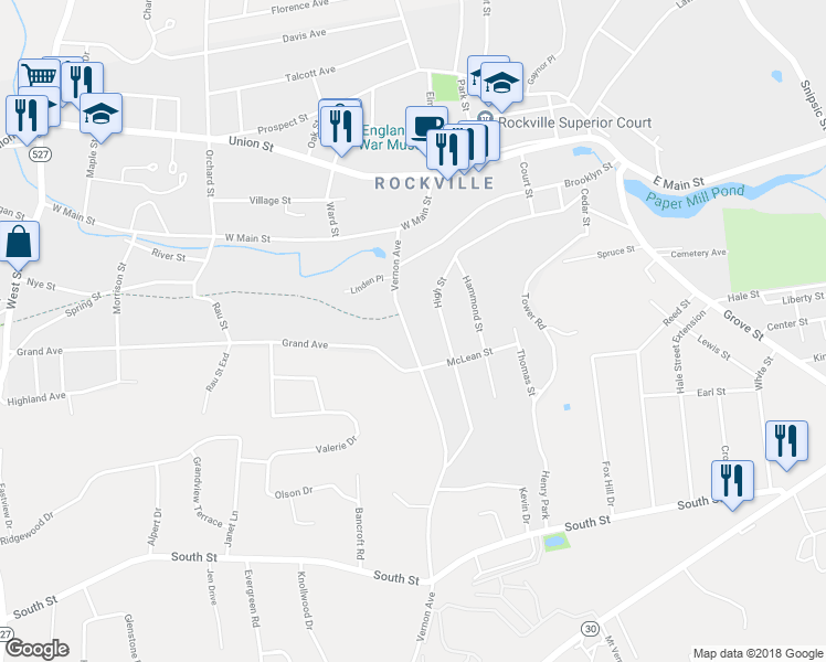 map of restaurants, bars, coffee shops, grocery stores, and more near 43 Vernon Avenue in Vernon