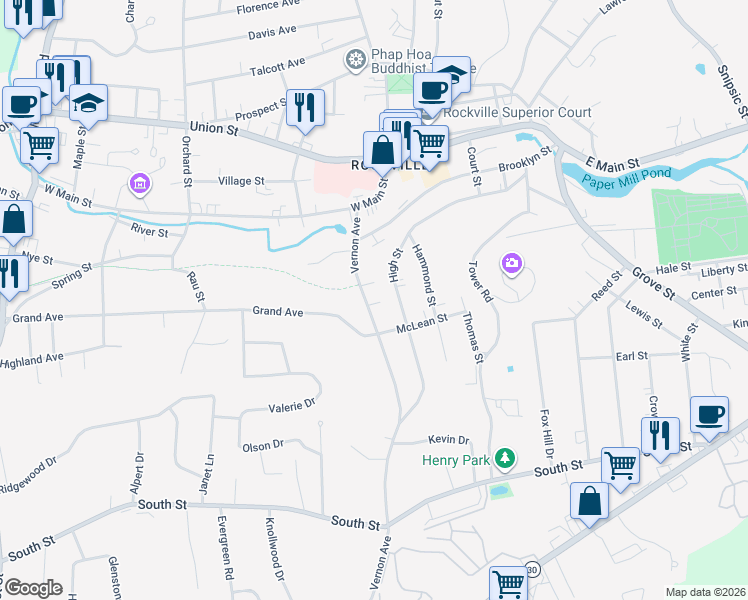 map of restaurants, bars, coffee shops, grocery stores, and more near 43 Vernon Avenue in Vernon