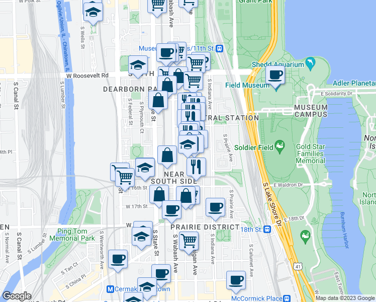 map of restaurants, bars, coffee shops, grocery stores, and more near 1470 Michigan Avenue in Chicago