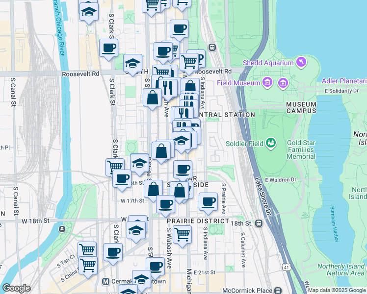 map of restaurants, bars, coffee shops, grocery stores, and more near 1470 Michigan Avenue in Chicago
