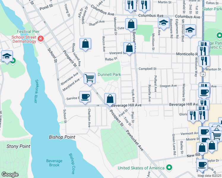map of restaurants, bars, coffee shops, grocery stores, and more near 569 Prospect Street in Pawtucket