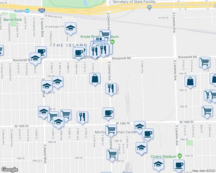 map of restaurants, bars, coffee shops, grocery stores, and more near 1345 South 56th Court in Cicero
