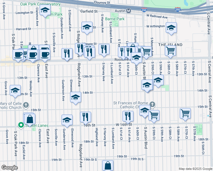map of restaurants, bars, coffee shops, grocery stores, and more near 1345 South Harvey Avenue in Berwyn