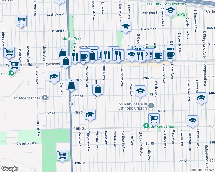 map of restaurants, bars, coffee shops, grocery stores, and more near 1332 Clinton Avenue in Berwyn