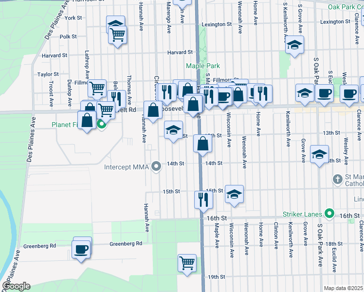 map of restaurants, bars, coffee shops, grocery stores, and more near 1331 Elgin Avenue in Forest Park
