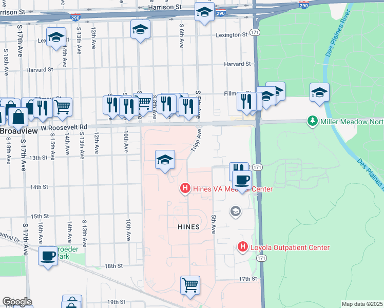 map of restaurants, bars, coffee shops, grocery stores, and more near Tripp Avenue in Hines