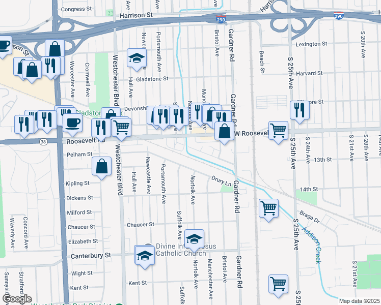 map of restaurants, bars, coffee shops, grocery stores, and more near 1308 Suffolk Avenue in Westchester