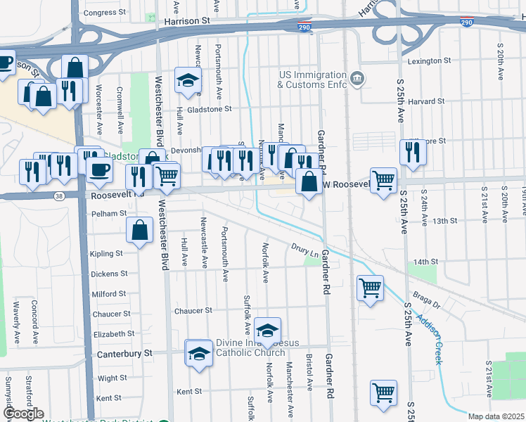 map of restaurants, bars, coffee shops, grocery stores, and more near 1308 Suffolk Avenue in Westchester