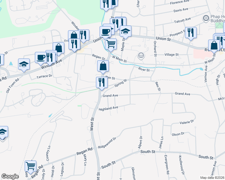 map of restaurants, bars, coffee shops, grocery stores, and more near 81 Spring Street in Vernon