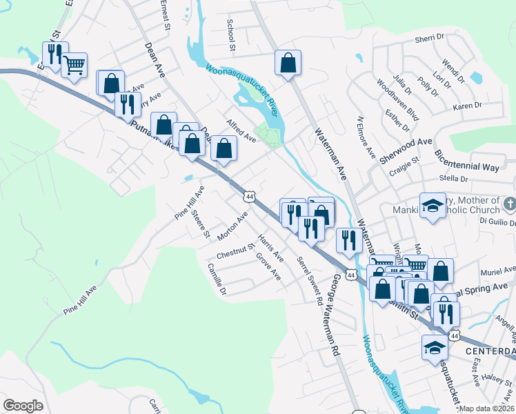 map of restaurants, bars, coffee shops, grocery stores, and more near 98 Putnam Pike in Johnston