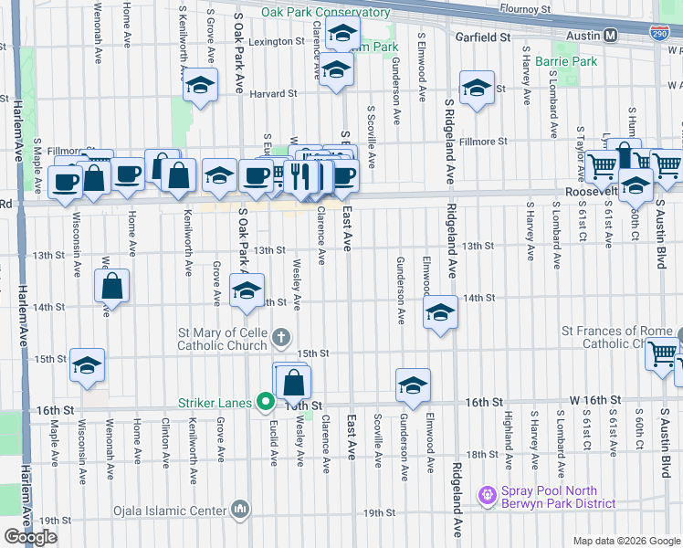 map of restaurants, bars, coffee shops, grocery stores, and more near 1336 East Avenue in Berwyn
