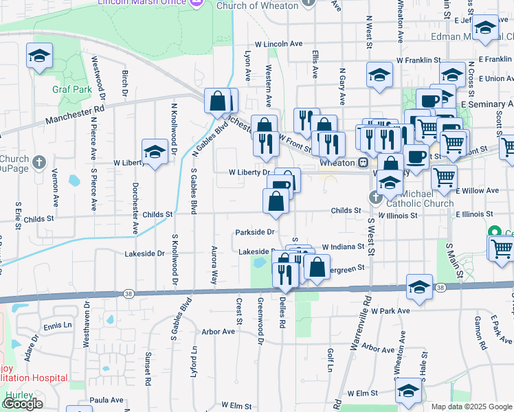 map of restaurants, bars, coffee shops, grocery stores, and more near 818 Childs Street in Wheaton