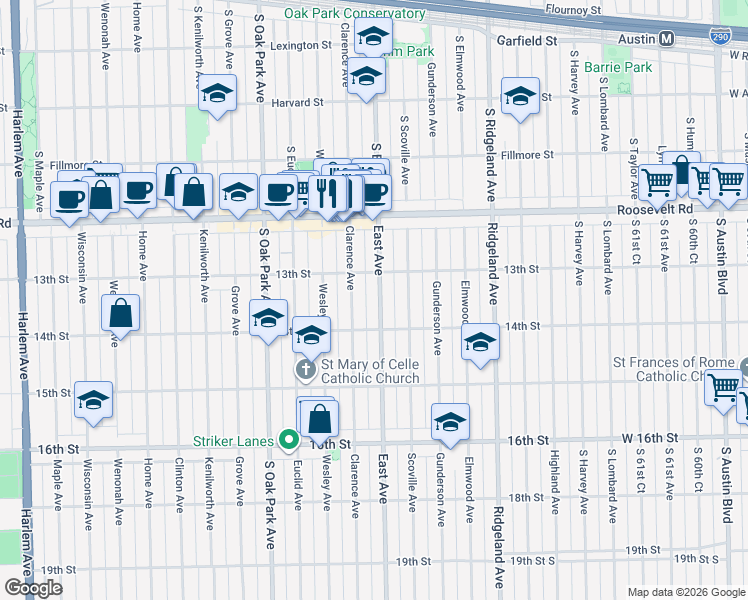 map of restaurants, bars, coffee shops, grocery stores, and more near 1324 East Avenue in Berwyn