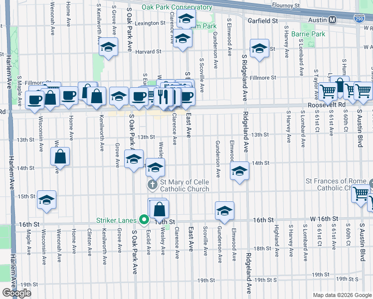 map of restaurants, bars, coffee shops, grocery stores, and more near 1324 East Avenue in Berwyn