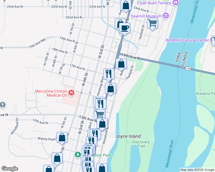 map of restaurants, bars, coffee shops, grocery stores, and more near 1599 Pershing Boulevard in Clinton
