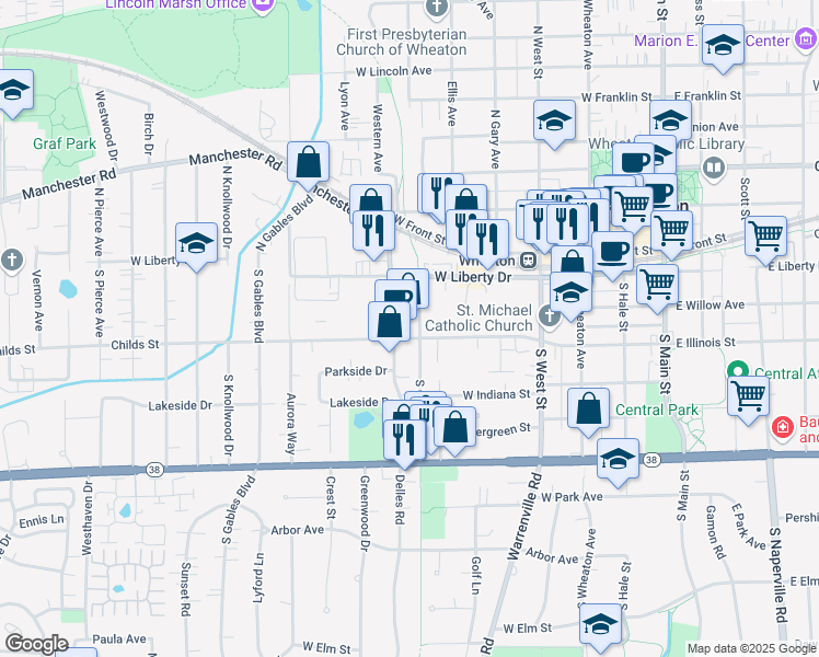 map of restaurants, bars, coffee shops, grocery stores, and more near 401 South Carlton Avenue in Wheaton
