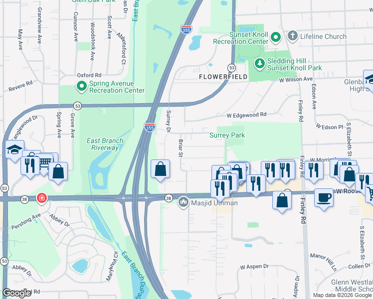 map of restaurants, bars, coffee shops, grocery stores, and more near 1131 Londonberry Lane in Glen Ellyn
