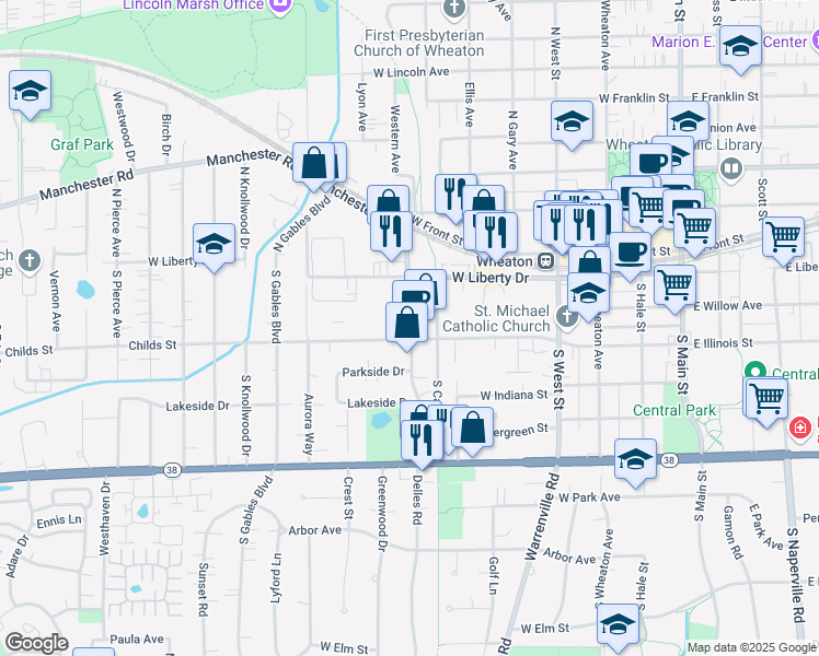 map of restaurants, bars, coffee shops, grocery stores, and more near 708 Childs Street in Wheaton