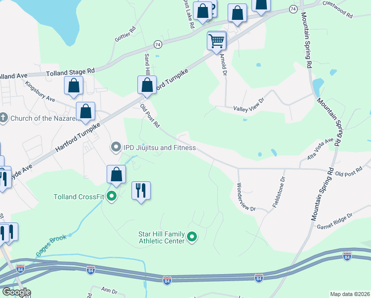 map of restaurants, bars, coffee shops, grocery stores, and more near 625 Old Post Road in Tolland