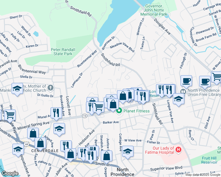 map of restaurants, bars, coffee shops, grocery stores, and more near 379 Sunset Avenue in North Providence